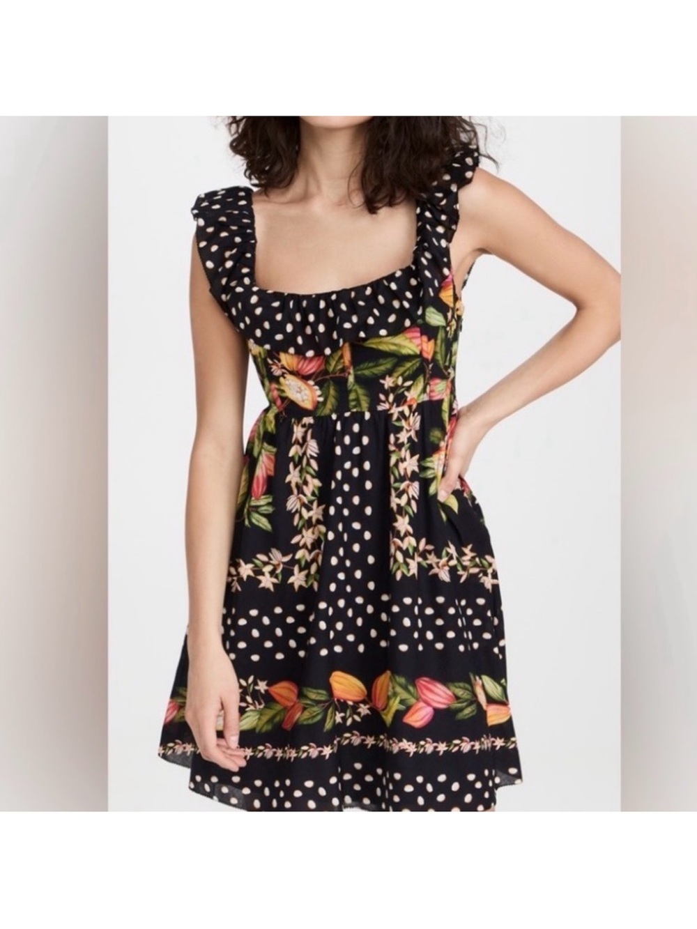 Farm Rio black Floral & Polka Dot Sundress with Ruffle Neckline